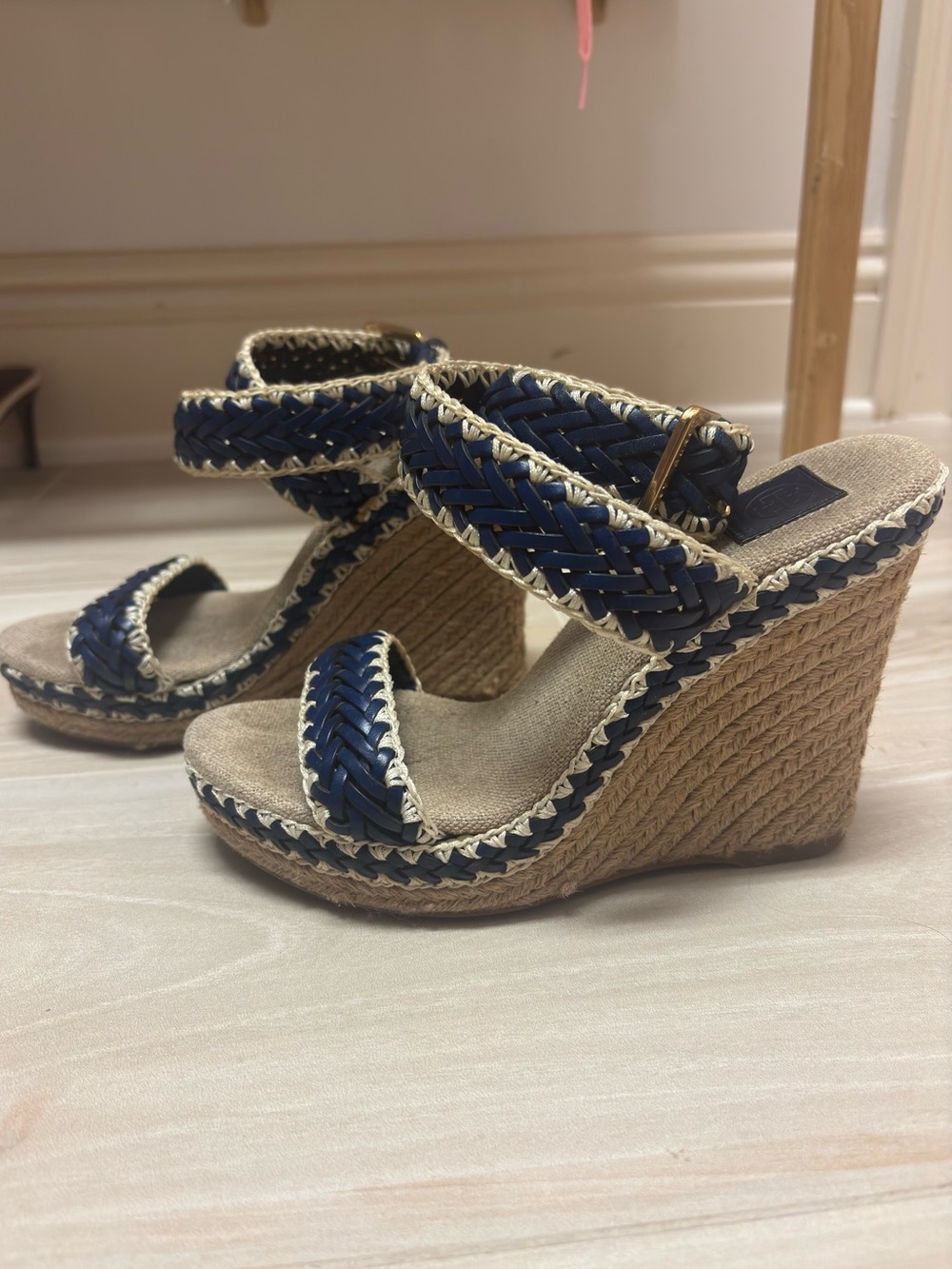 Tory Burch Navy Woven Leather Espadrille Wedge Sandals Size 37